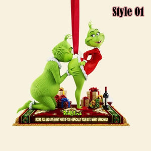Personalized Green Monster Couple Christmas Ornament, I Adore You , Custom Holiday Tree Decoration, Flat 2D Ornament, Merry Grinchmas Gift