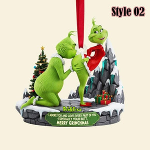 Personalized Green Monster Couple Christmas Ornament, I Adore You , Custom Holiday Tree Decoration, Flat 2D Ornament, Merry Grinchmas Gift