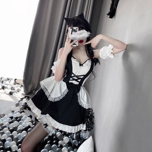 Naughty French Maid Costume Anime Lolita Cosplay Dress with Lace Choker
