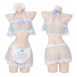 Yomorio Sexy Maid Lingerie Set Sheer Exotic Maid Costume 3 Pieces Role Play Apron Set