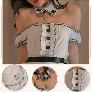 Yomorio Cat Maid Outfit Cute Maid Cosplay Dress White Off Shoulder Lolita Dress